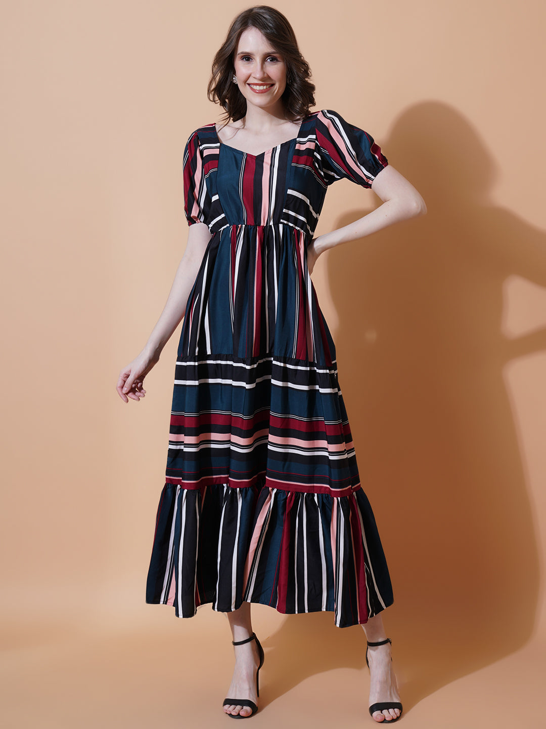 Women Multi coloured Striped Crepe Fit & Flare Midi Dress