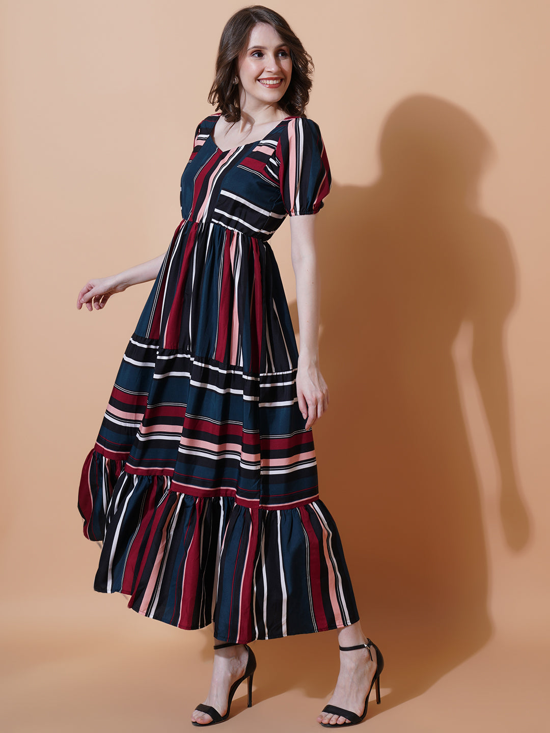 Women Multi coloured Striped Crepe Fit & Flare Midi Dress