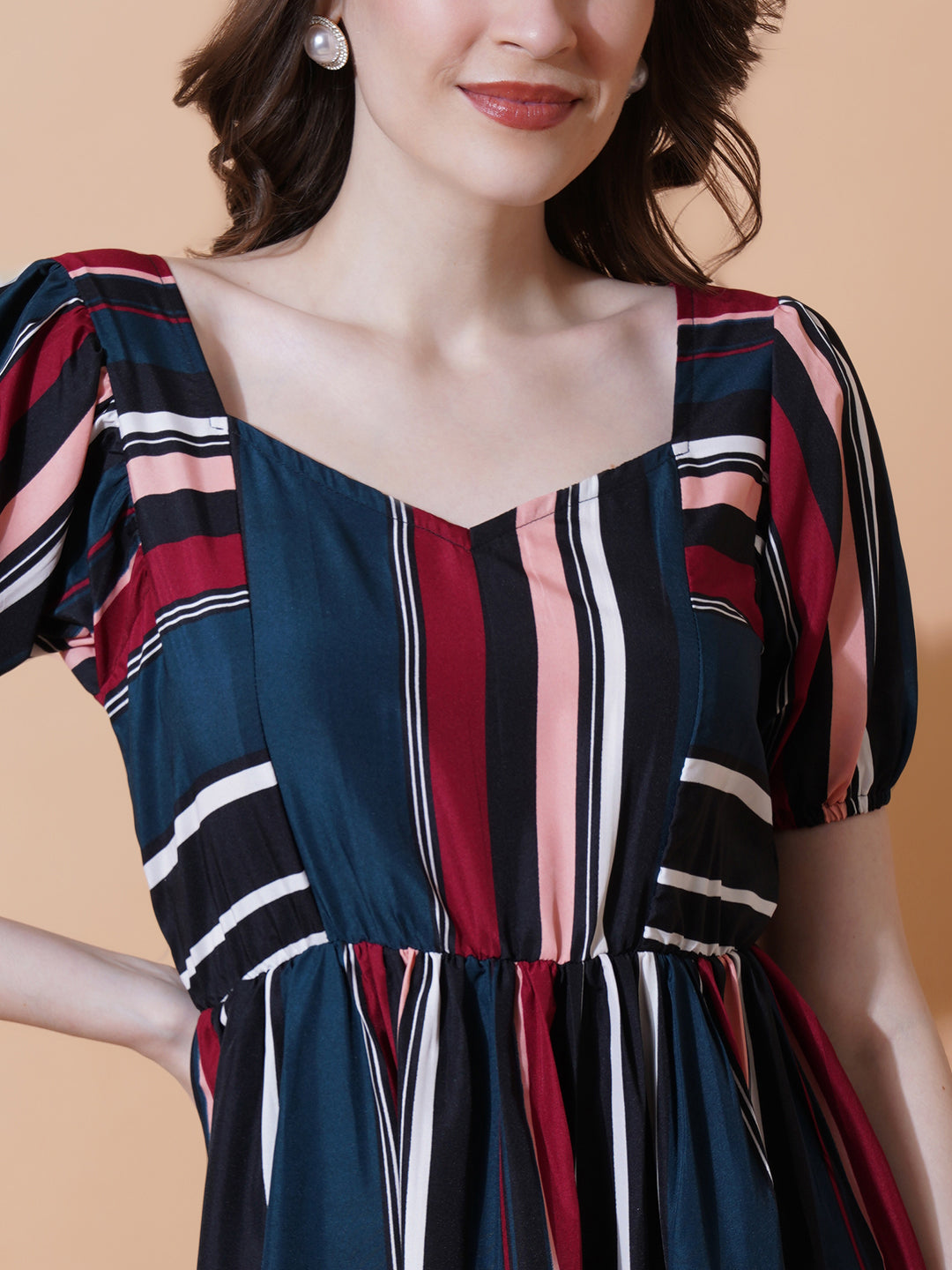 Women Multi coloured Striped Crepe Fit & Flare Midi Dress