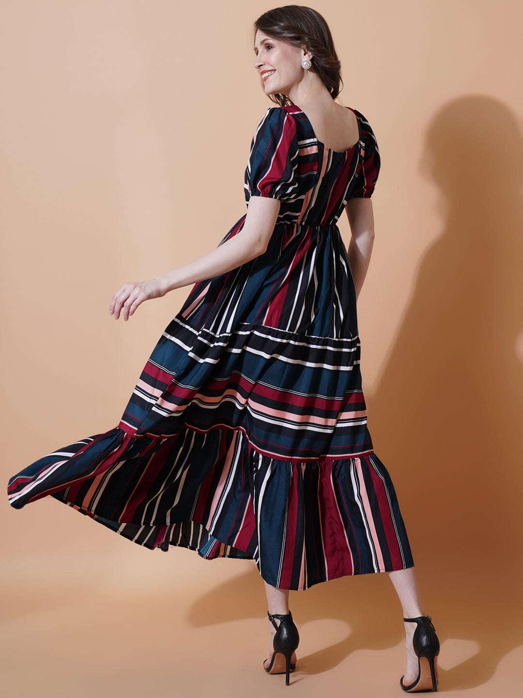 Women Multi coloured Striped Crepe Fit & Flare Midi Dress