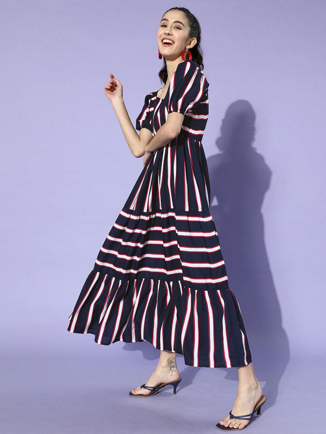 Women Blue & White Crepe Striped Maxi Dress