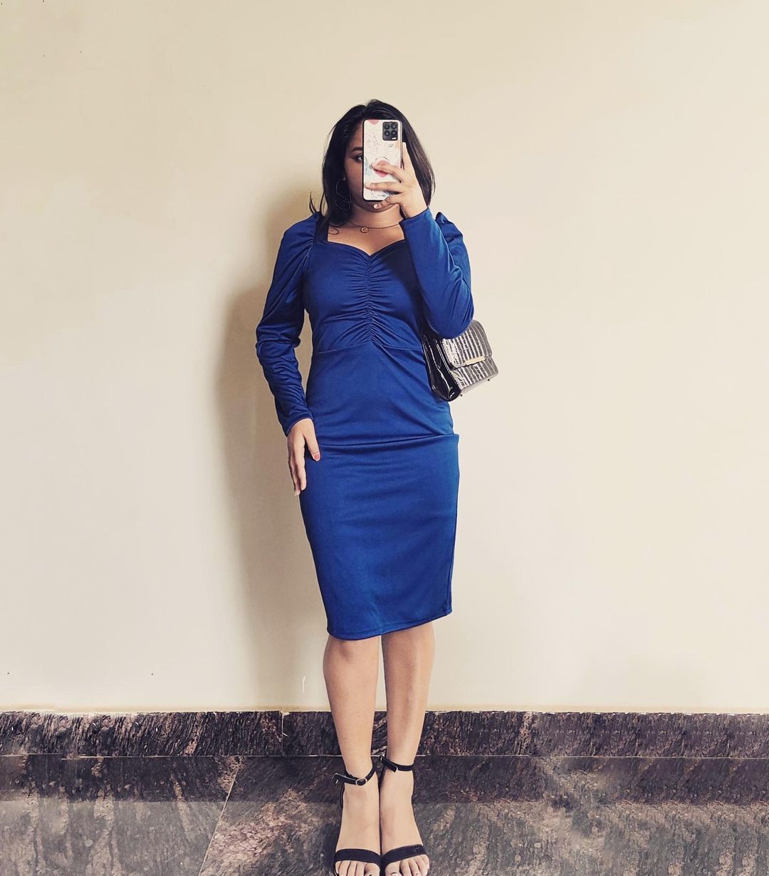Women Navy Blue Scuba Bodycon Dress