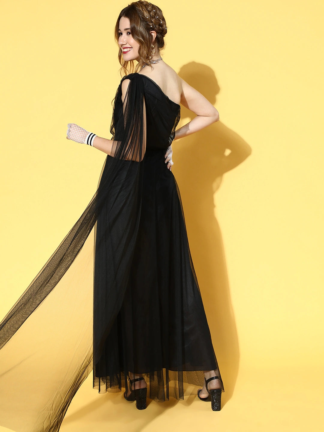 Women Stylish Black Solid One-Shoulder Dress