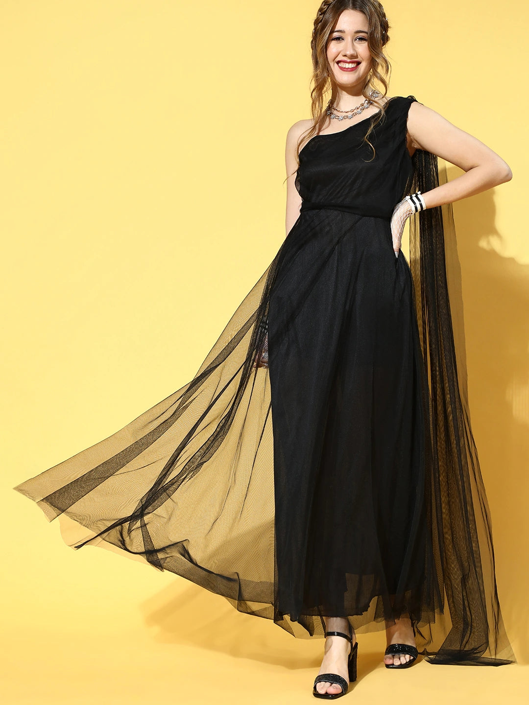 Women Stylish Black Solid One-Shoulder Dress