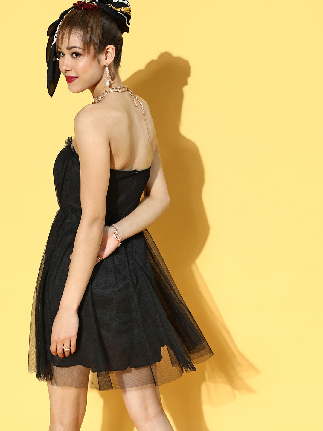 Women Stylish Black Solid Tulle Dress