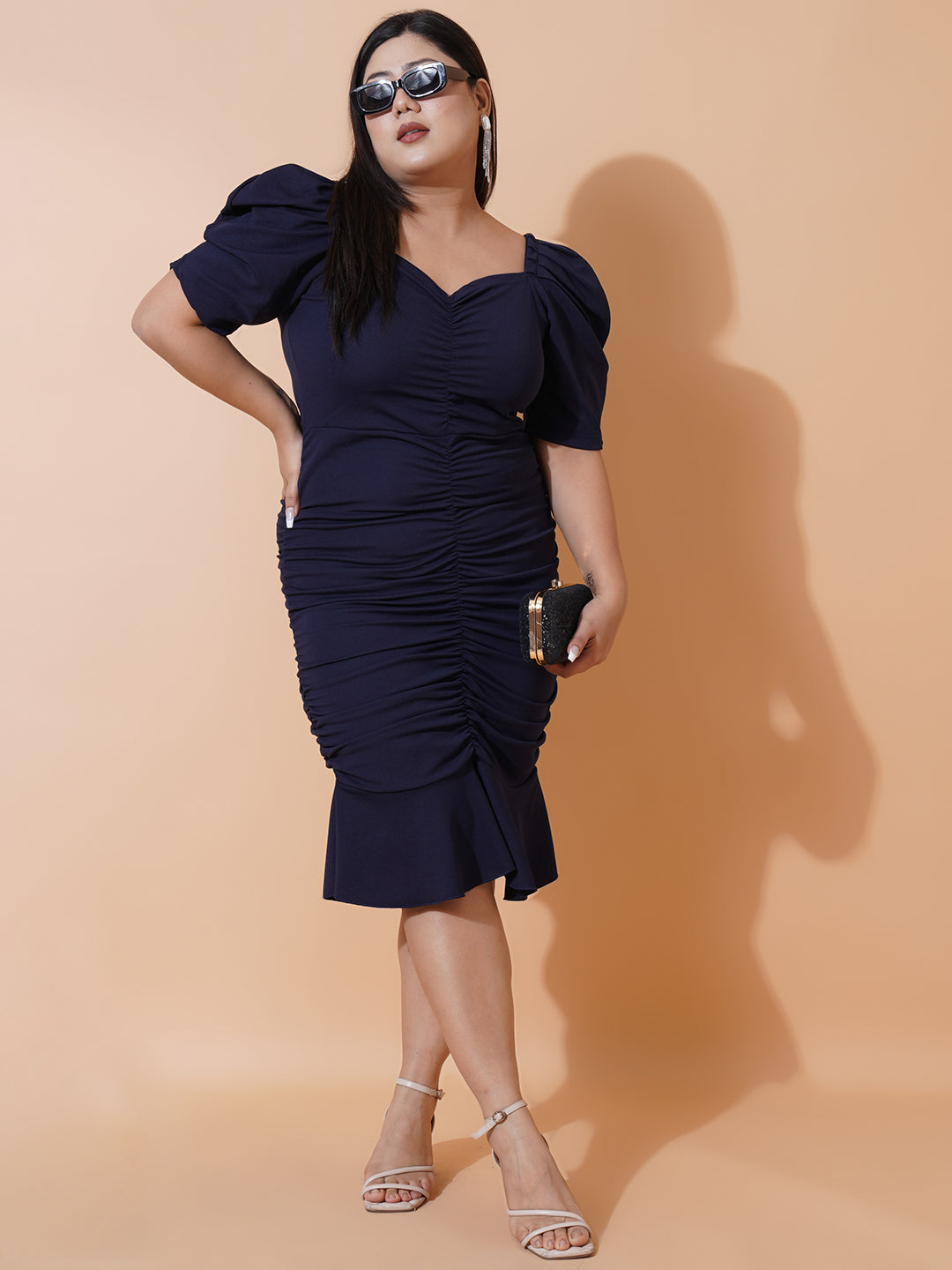 Women Plus size Navy Blue Sweetheart Neck Puff Sleeves Scuba Bodycon Dress