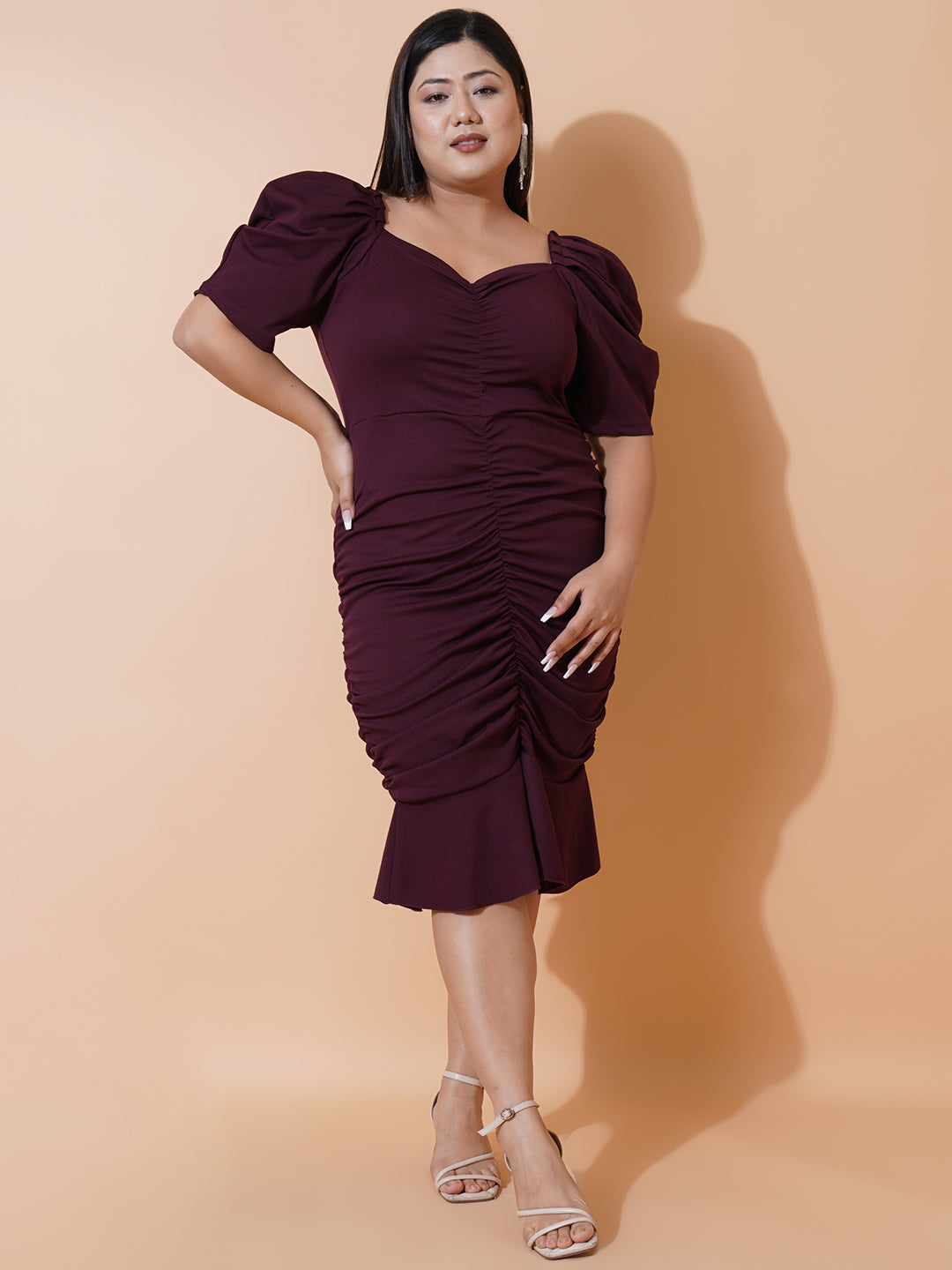 Women Plus size Burgundy Sweetheart Neck Puff Sleeves Scuba Bodycon Dress