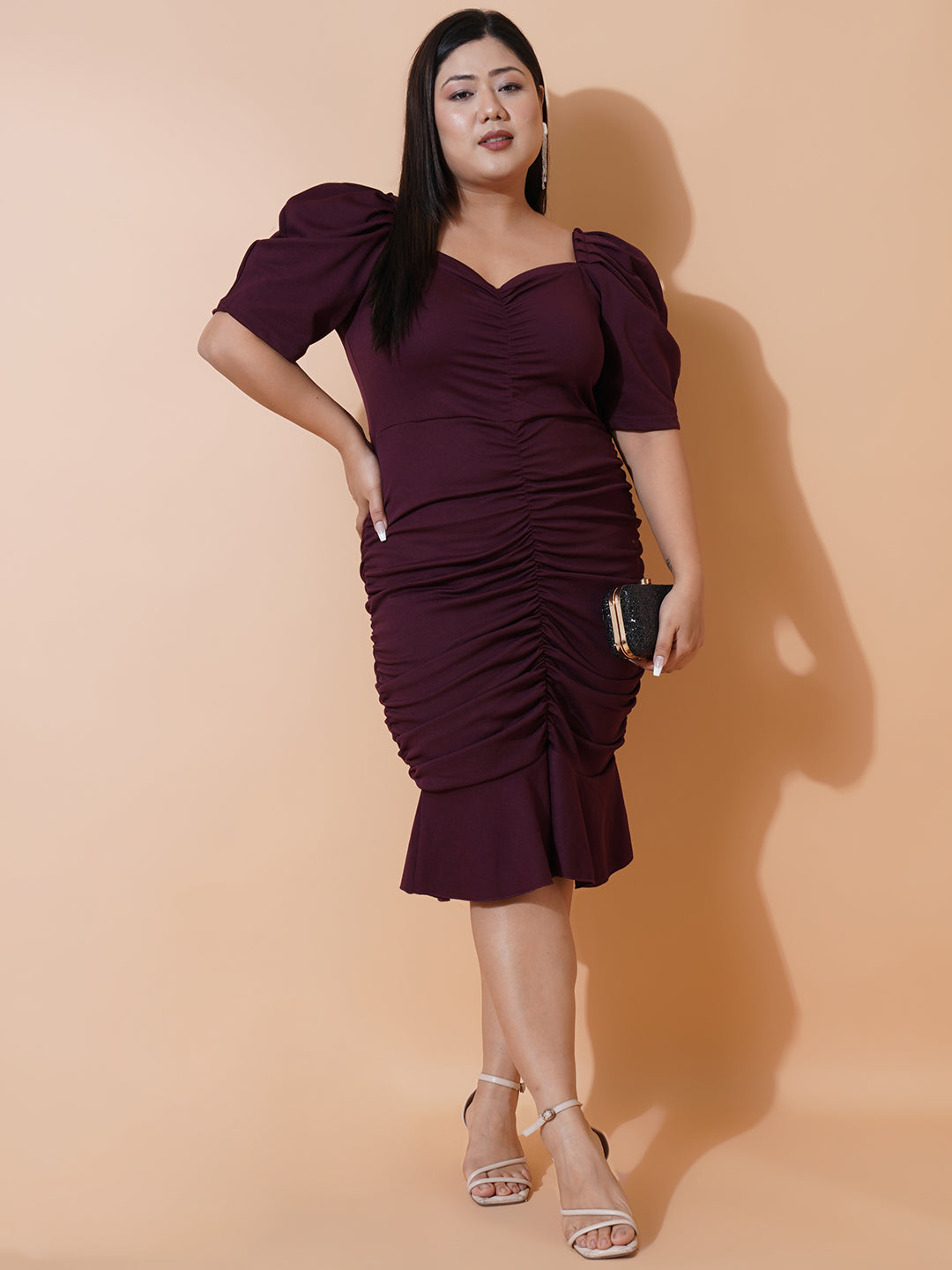 Women Plus size Burgundy Sweetheart Neck Puff Sleeves Scuba Bodycon Dress