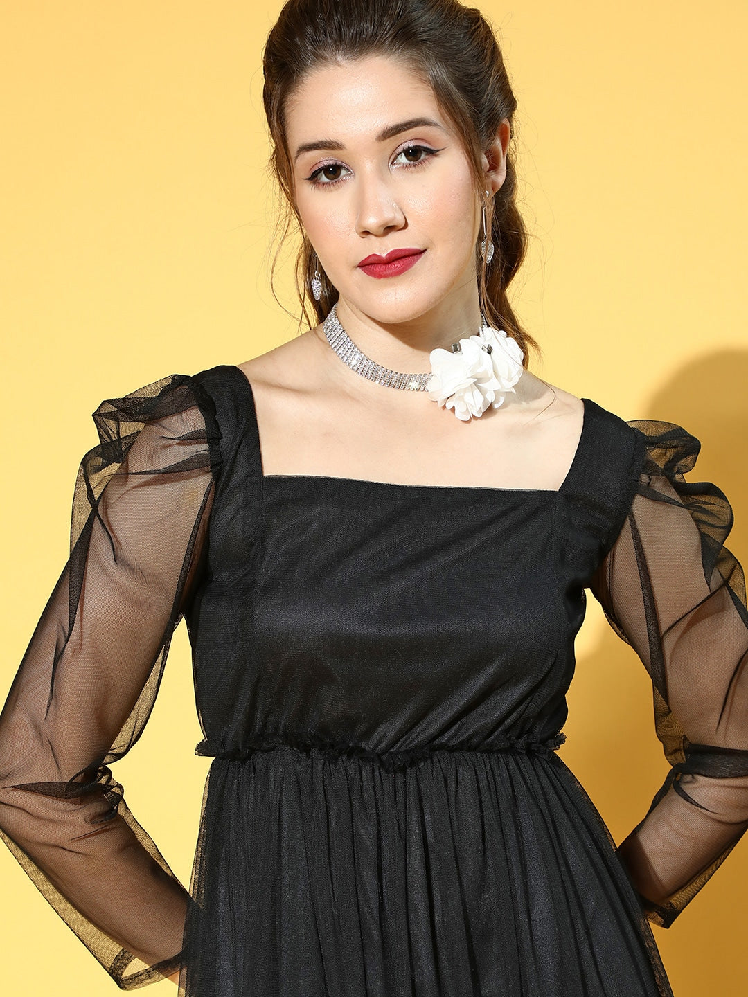 Women Stylish Black Solid Sheer Dress