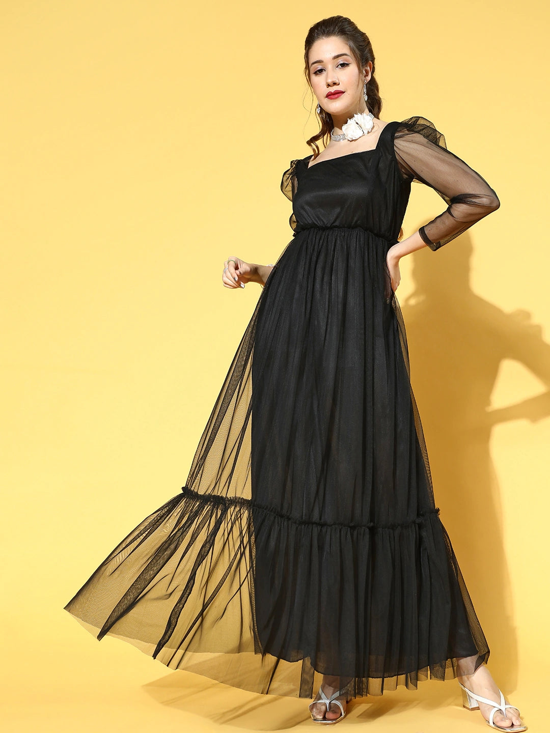Women Stylish Black Solid Sheer Dress