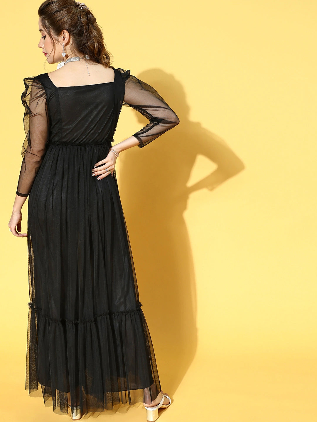 Women Stylish Black Solid Sheer Dress