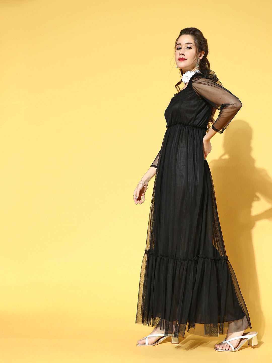 Women Stylish Black Solid Sheer Dress
