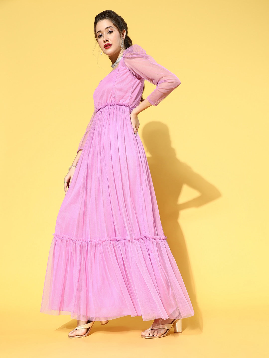 Women Elegant Lavender Solid Tiered Dress