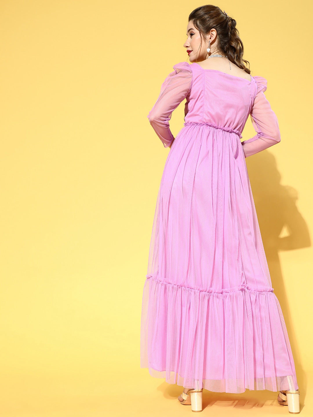 Women Elegant Lavender Solid Tiered Dress