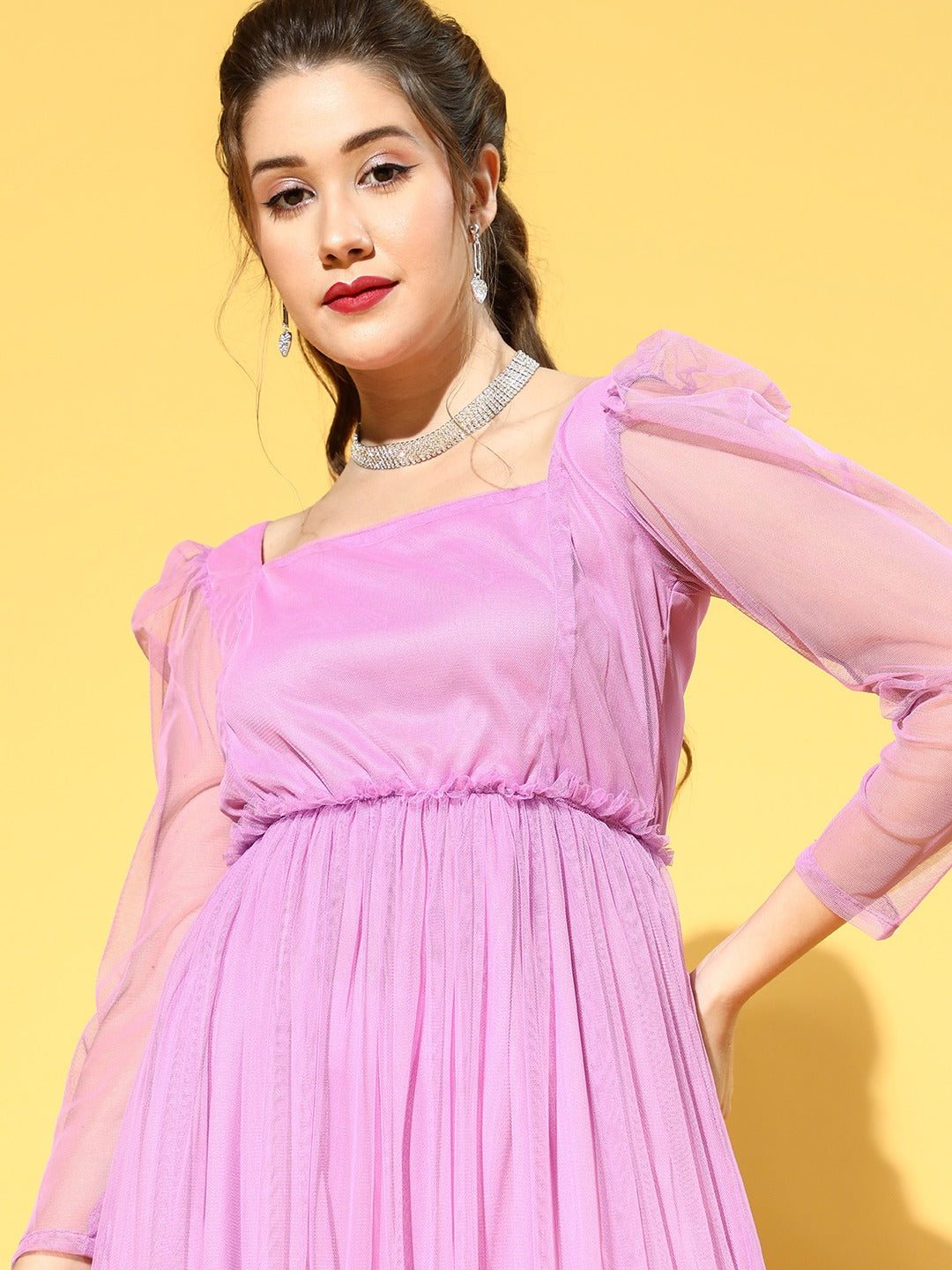 Women Elegant Lavender Solid Tiered Dress