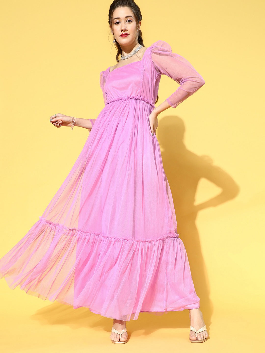Women Elegant Lavender Solid Tiered Dress