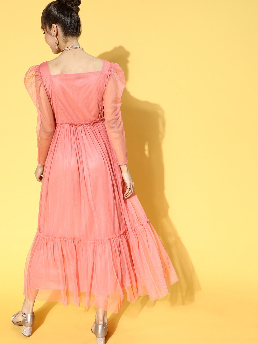 Women Peach-Coloured Solid Tulle Maxi Dress