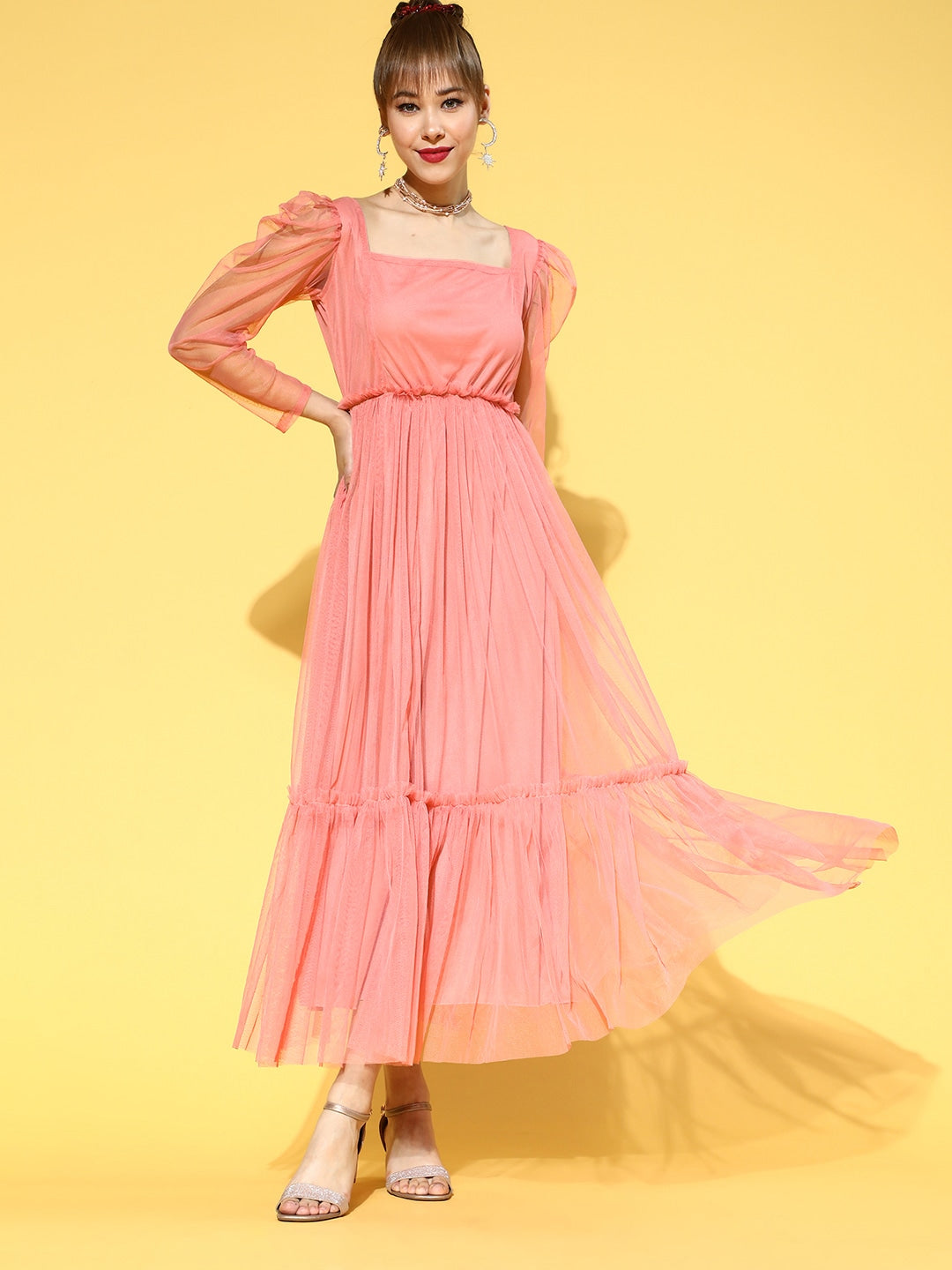 Women Peach-Coloured Solid Tulle Maxi Dress