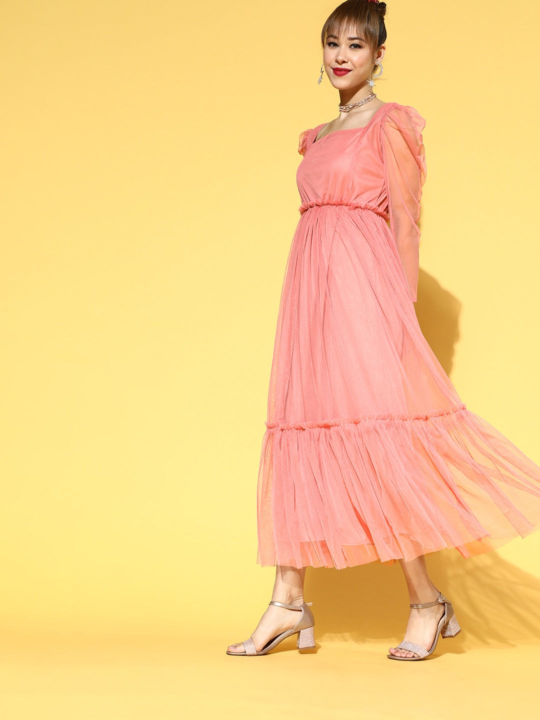Women Peach-Coloured Solid Tulle Maxi Dress
