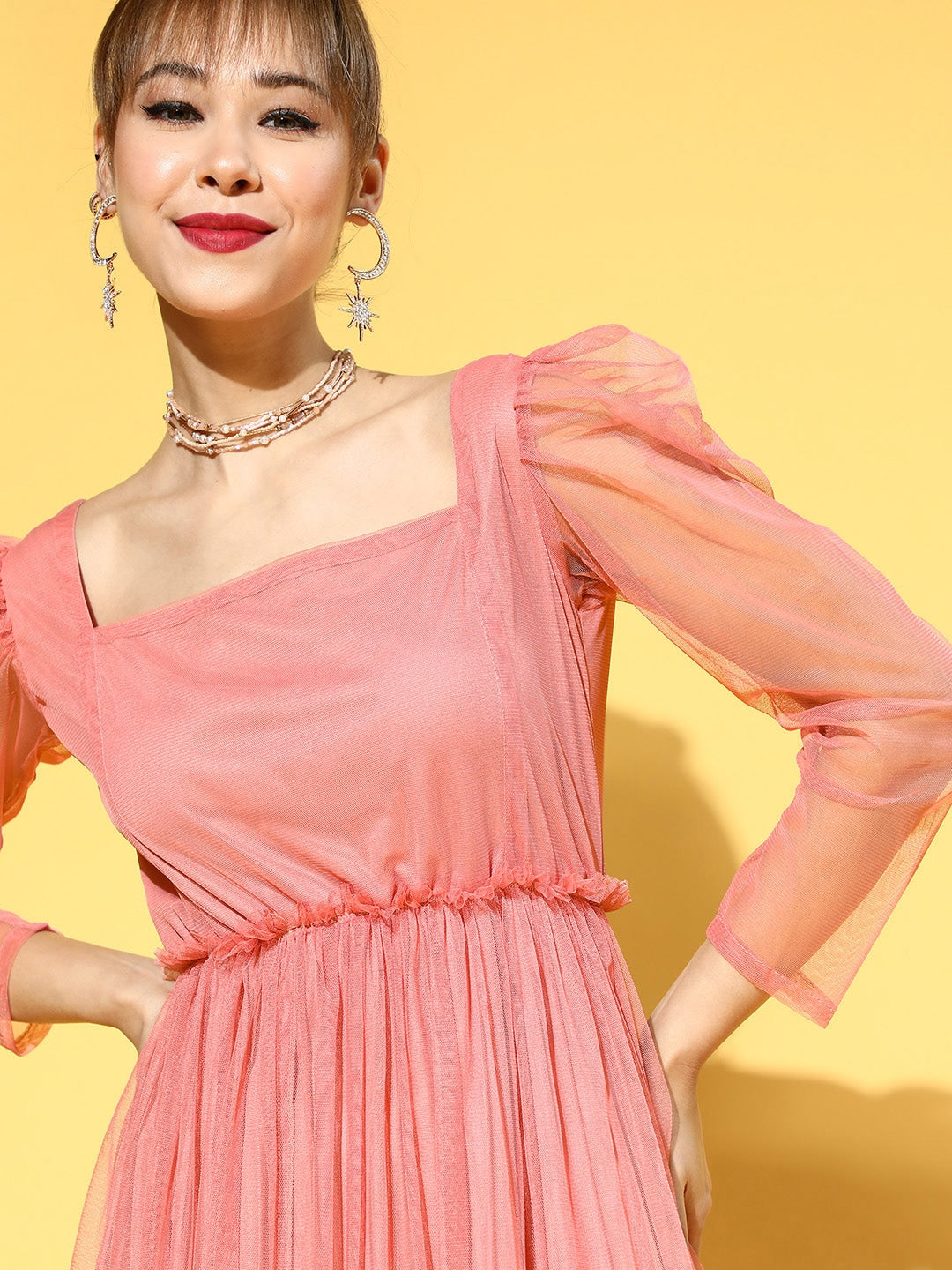 Women Peach-Coloured Solid Tulle Maxi Dress