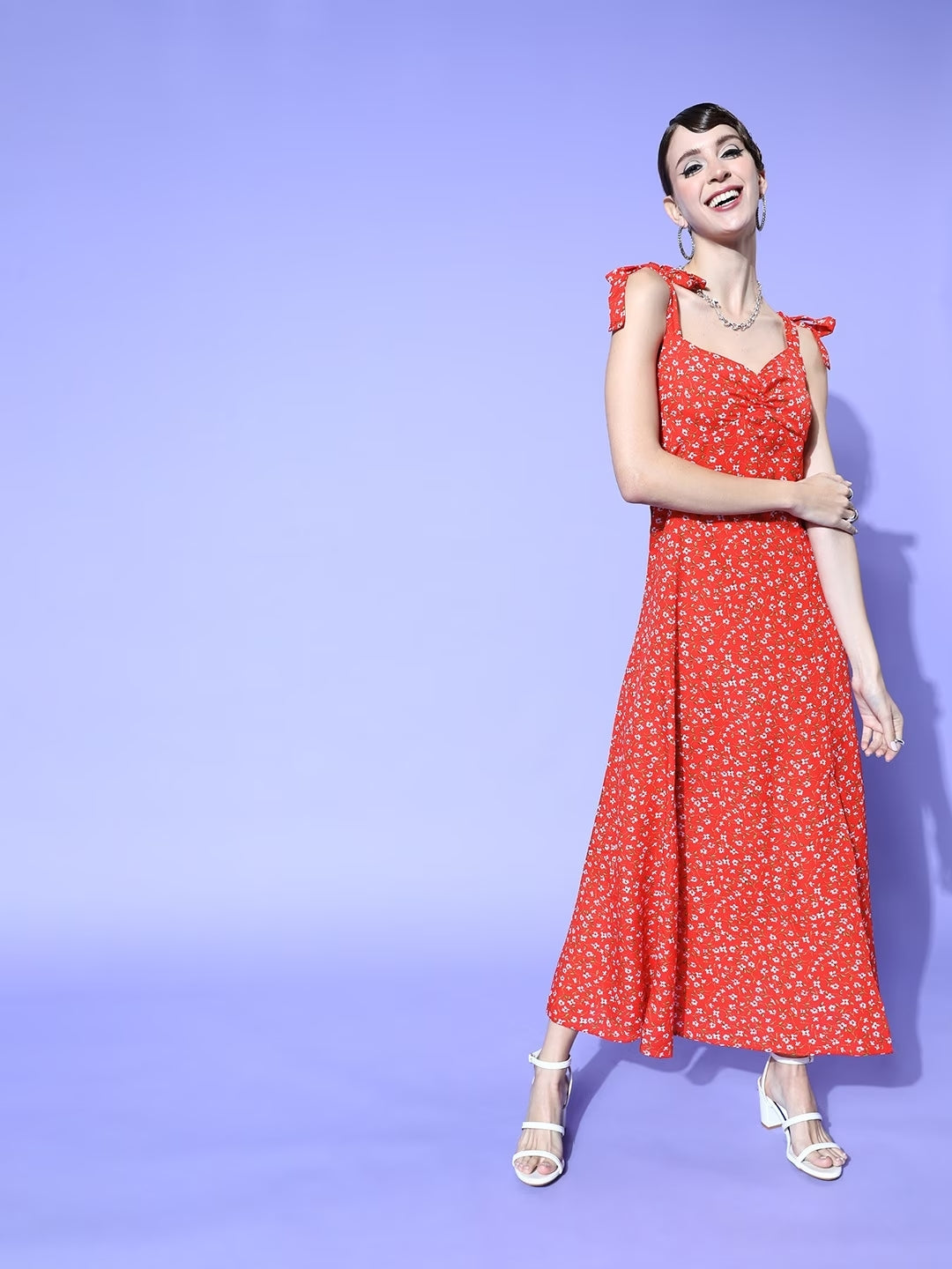 Women Gorgeous Red Floral Sun Dress