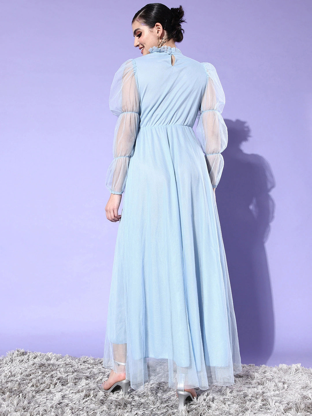 Women Blue Shimmery Net Maxi Dress