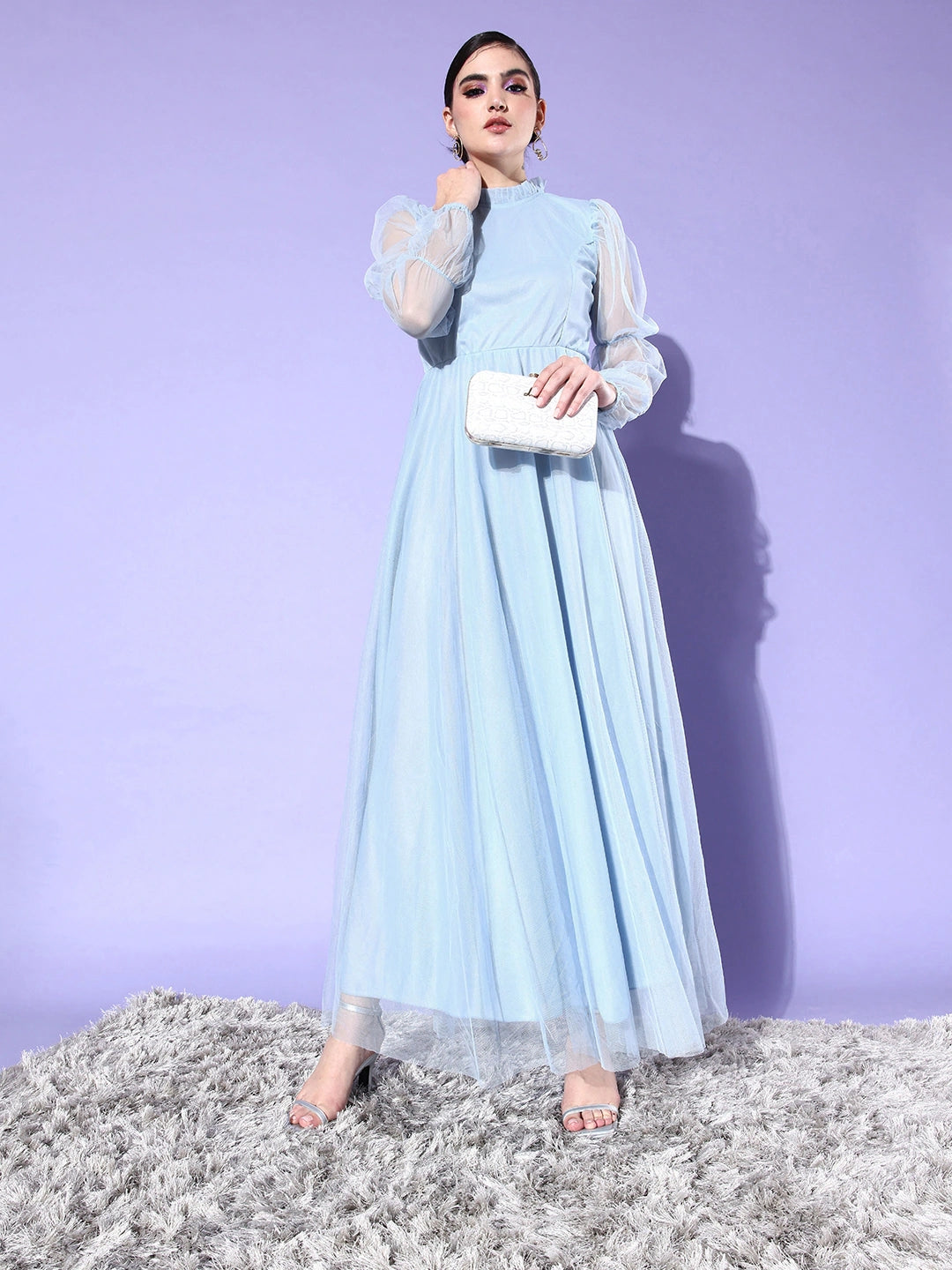 Women Blue Shimmery Net Maxi Dress