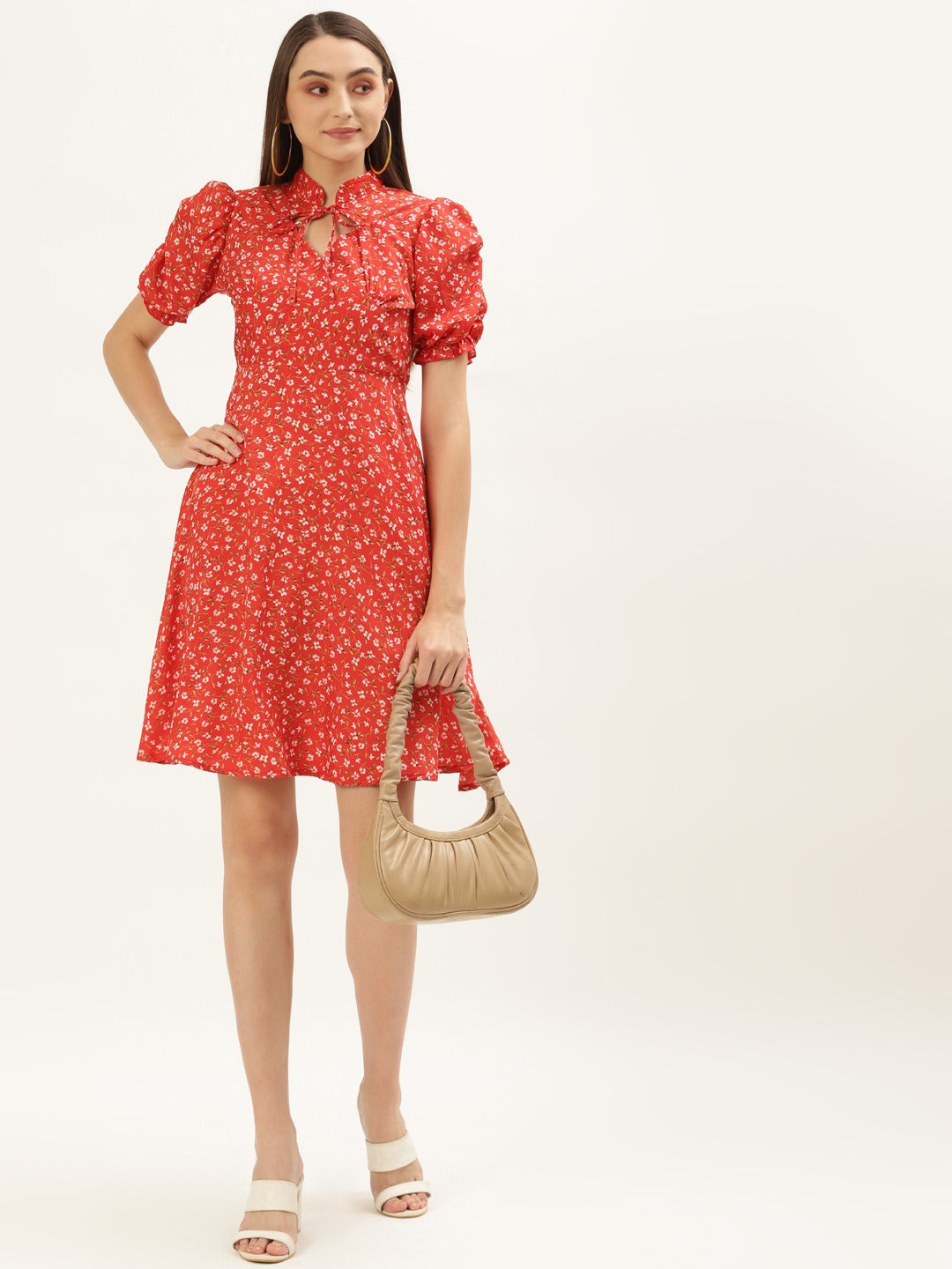 Women Red Floral Keyhole Neck A-Line Dress