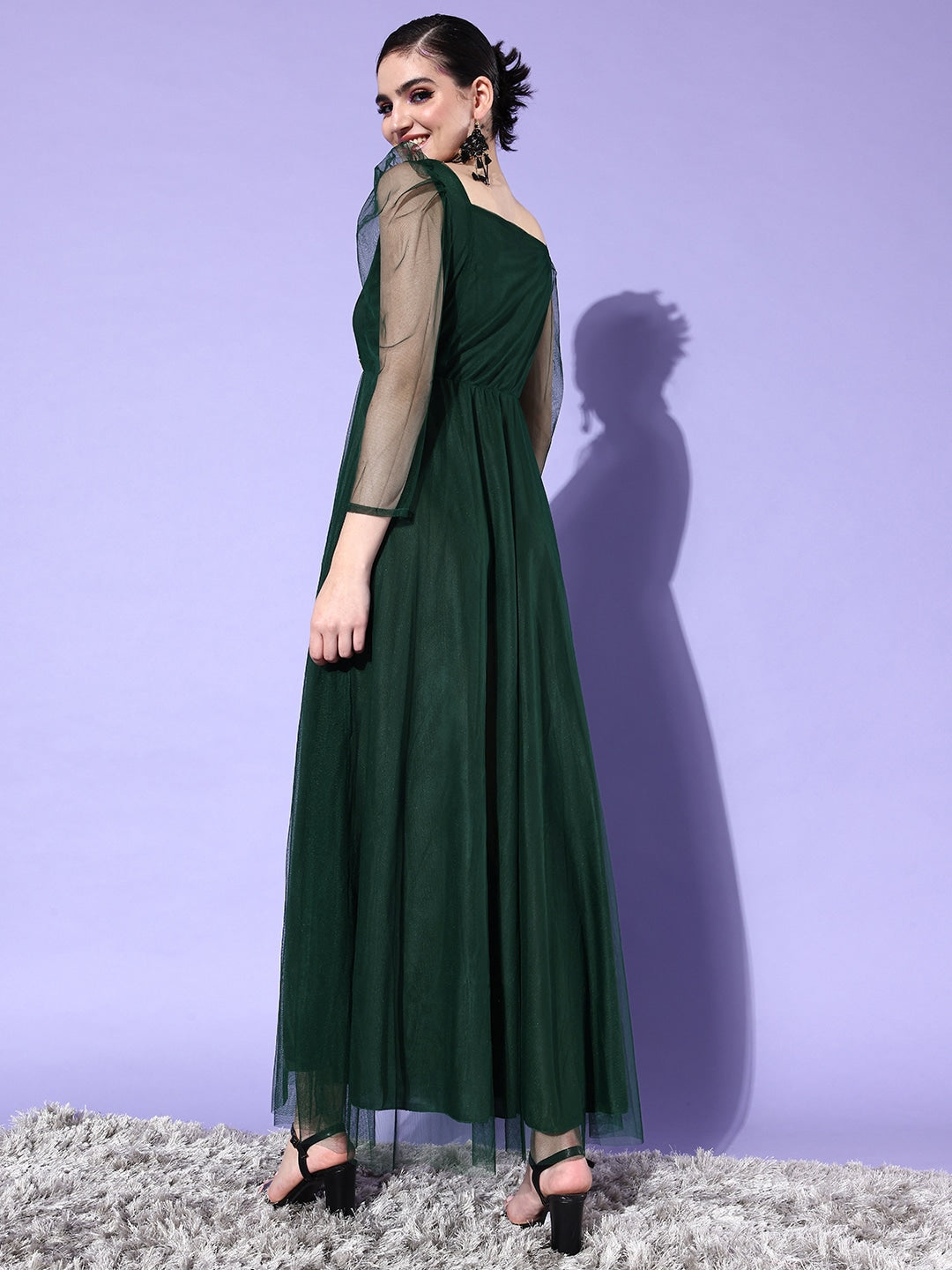 Women Green Solid Net Maxi Dress