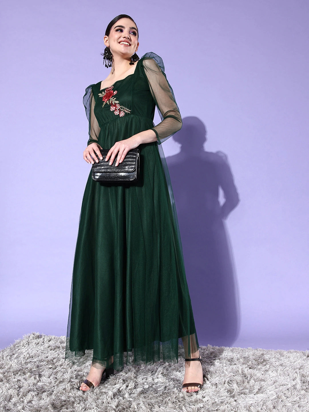 Women Green Solid Net Maxi Dress