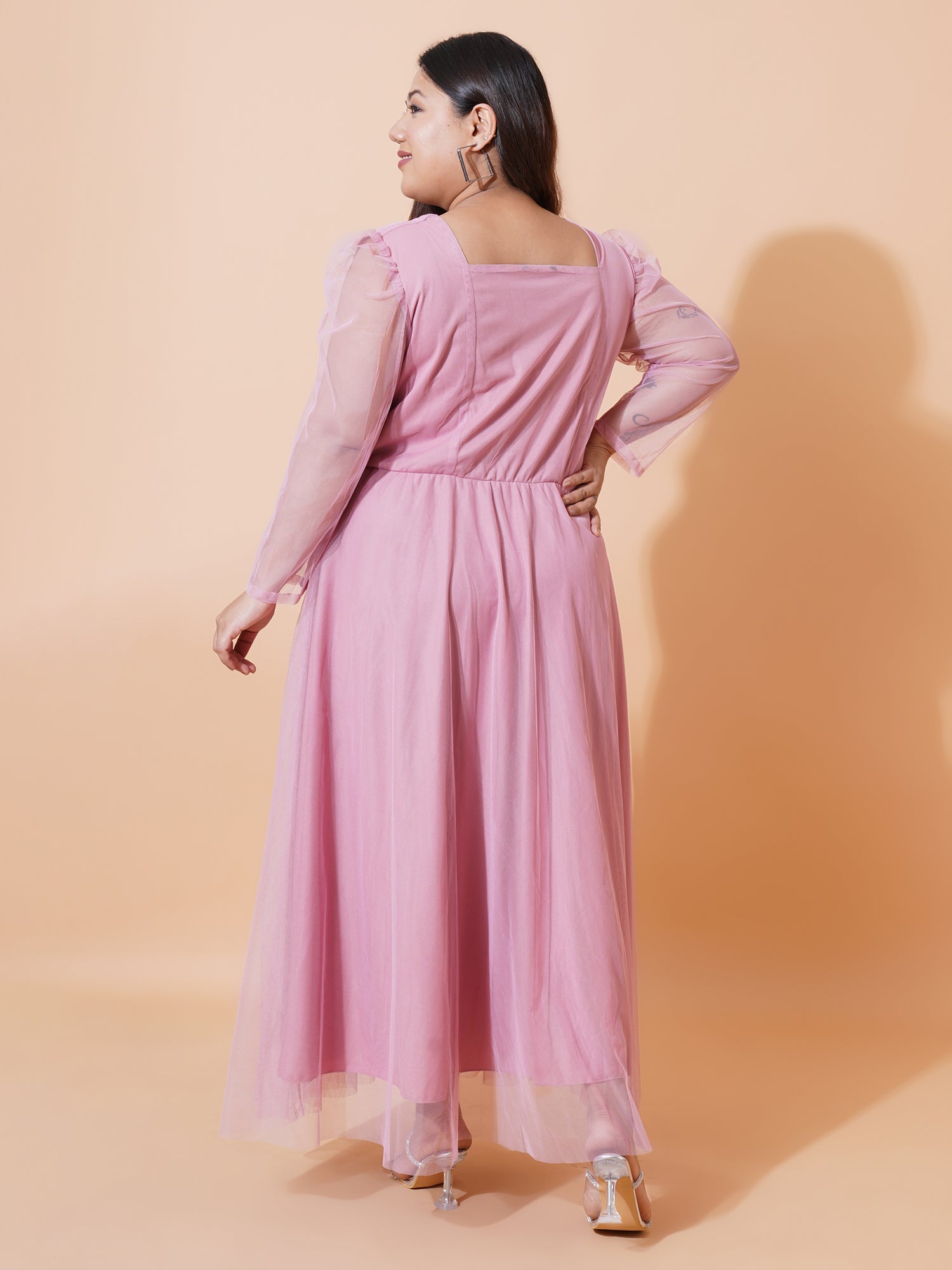 Women Plus Size Floral Embroidered Puff Sleeve Net Fit & Flare Maxi Dress