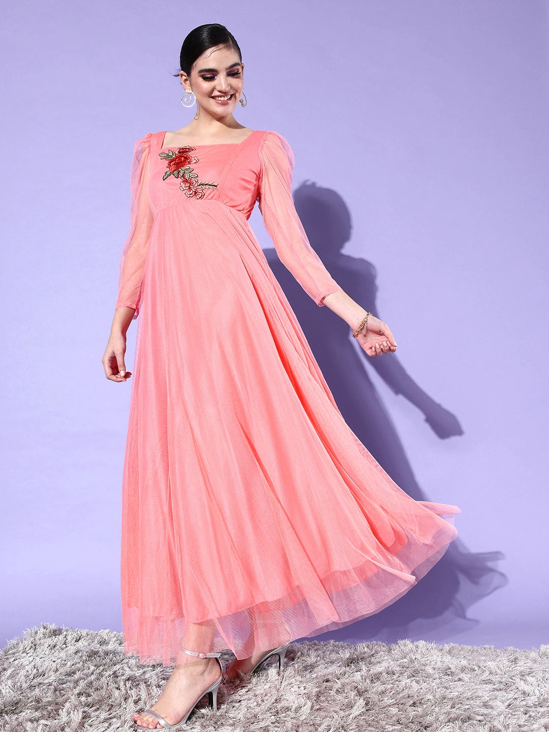 Women Peach-Coloured Solid Net Maxi Dress