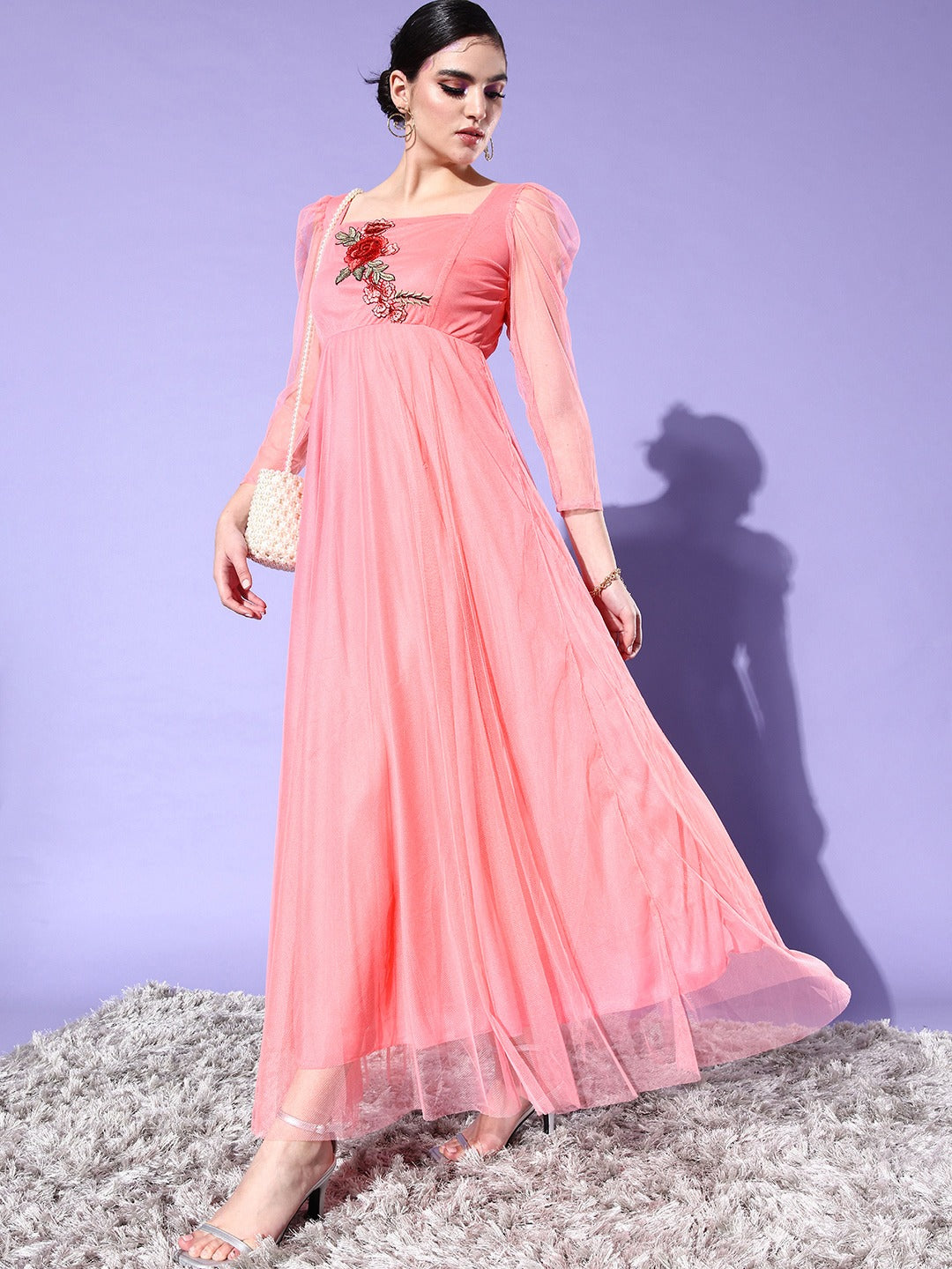 Women Peach-Coloured Solid Net Maxi Dress