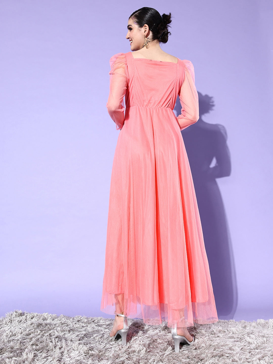 Women Peach-Coloured Solid Net Maxi Dress