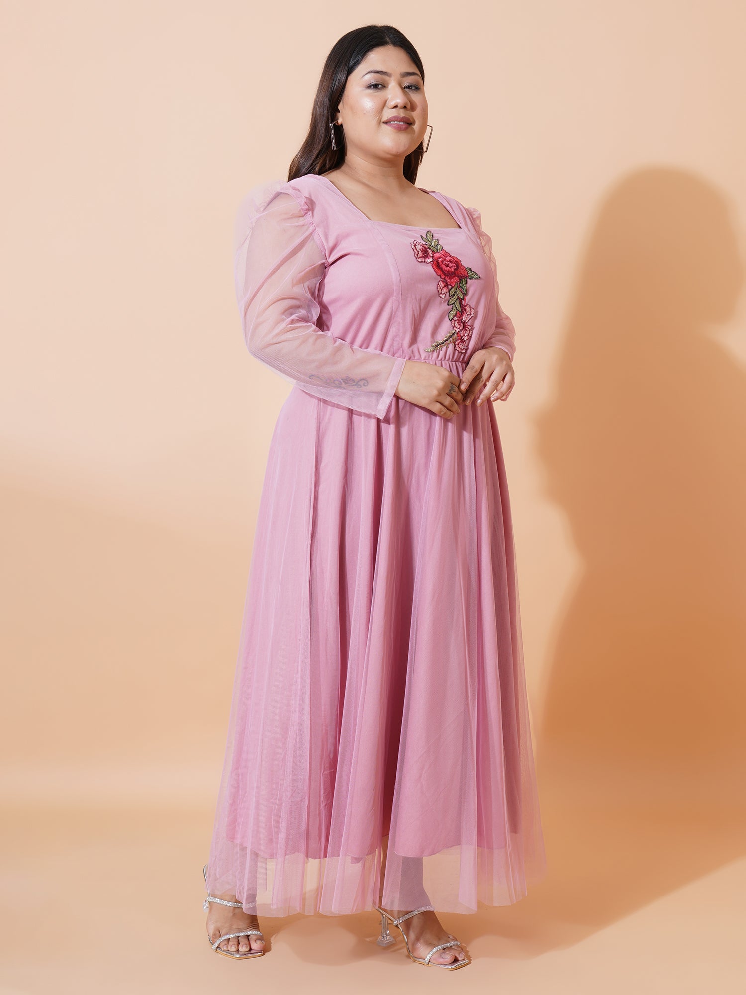 Women Plus Size Floral Embroidered Puff Sleeve Net Fit & Flare Maxi Dress