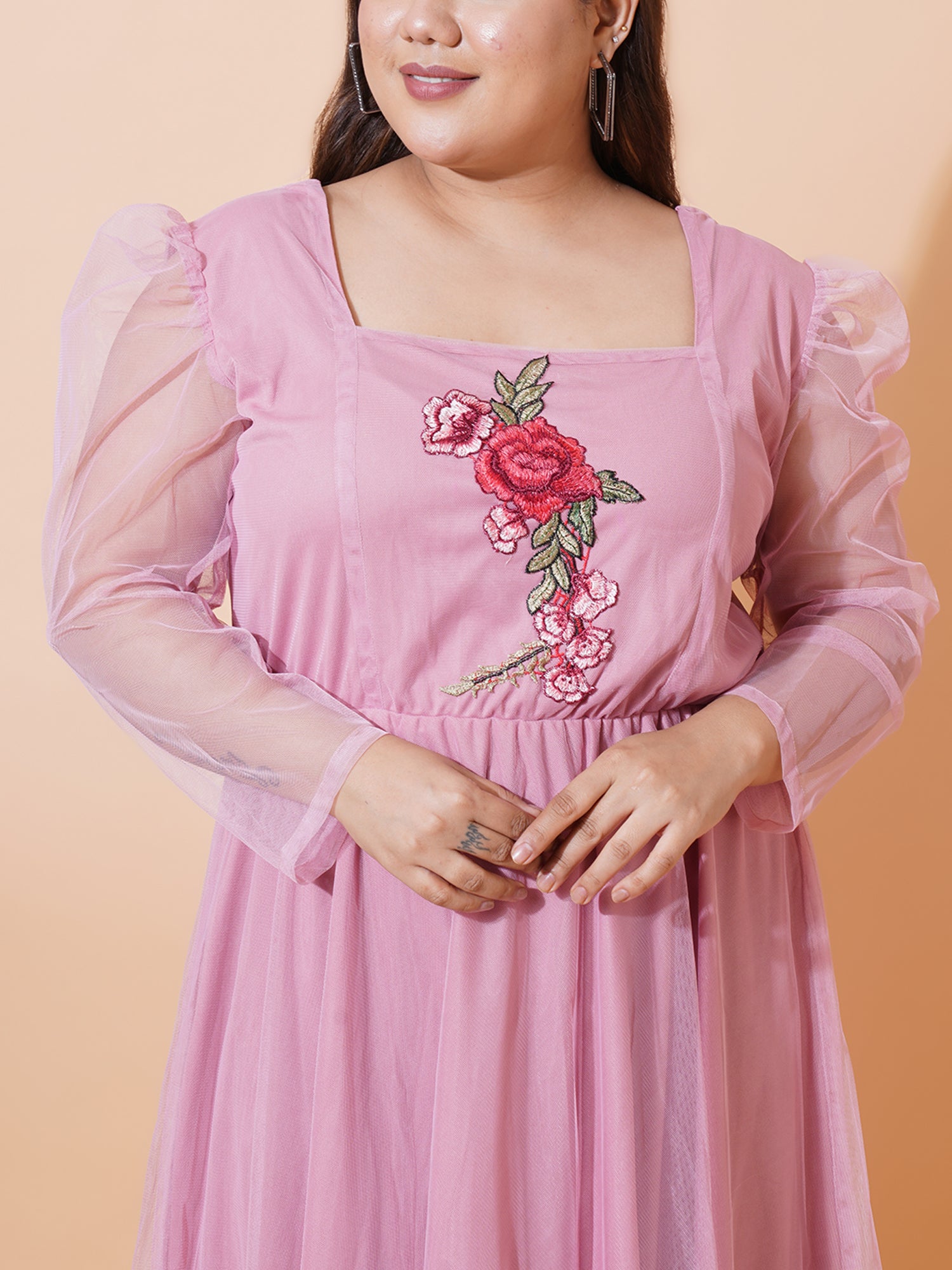 Women Plus Size Floral Embroidered Puff Sleeve Net Fit & Flare Maxi Dress