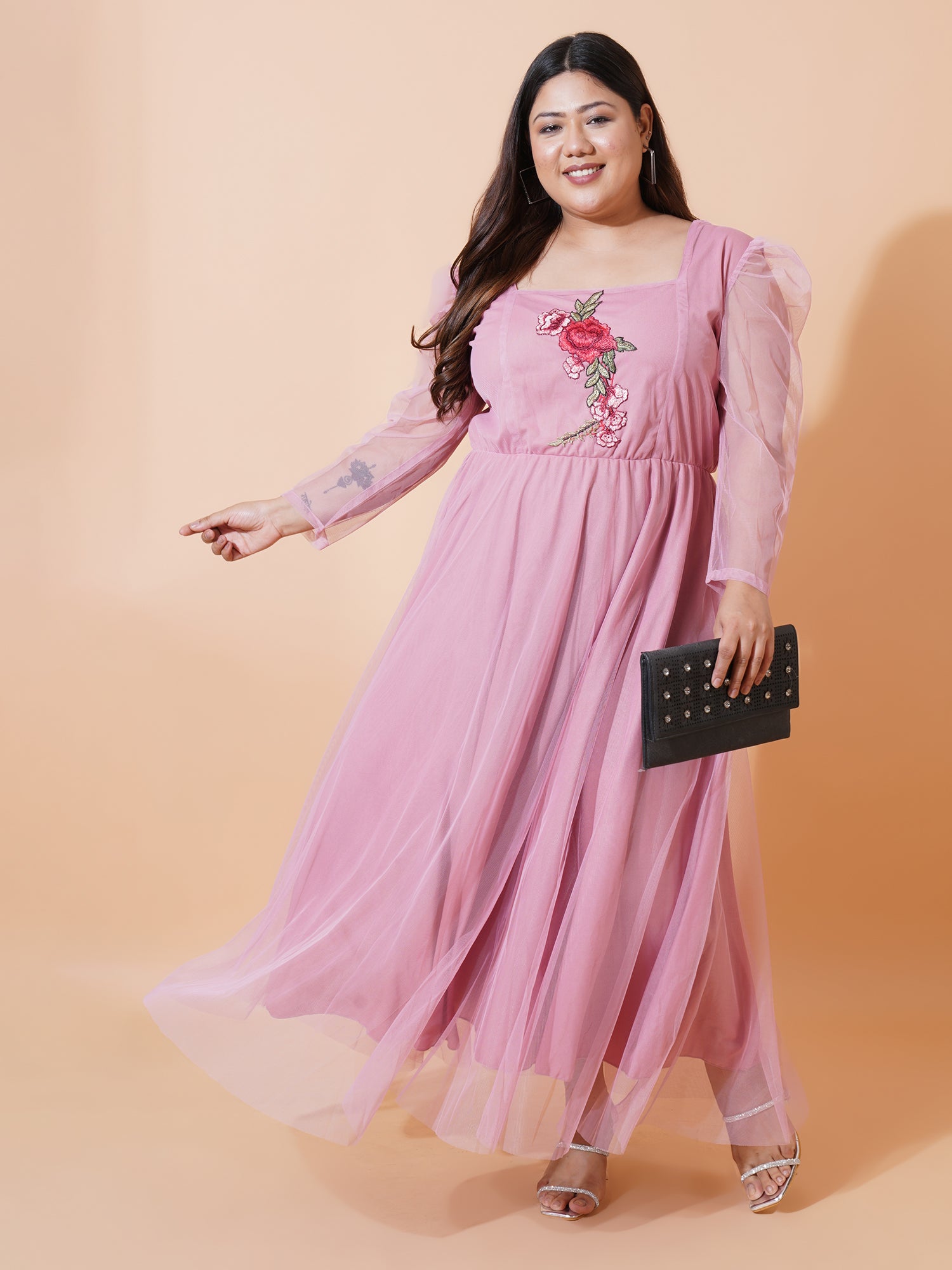Women Plus Size Floral Embroidered Puff Sleeve Net Fit & Flare Maxi Dress