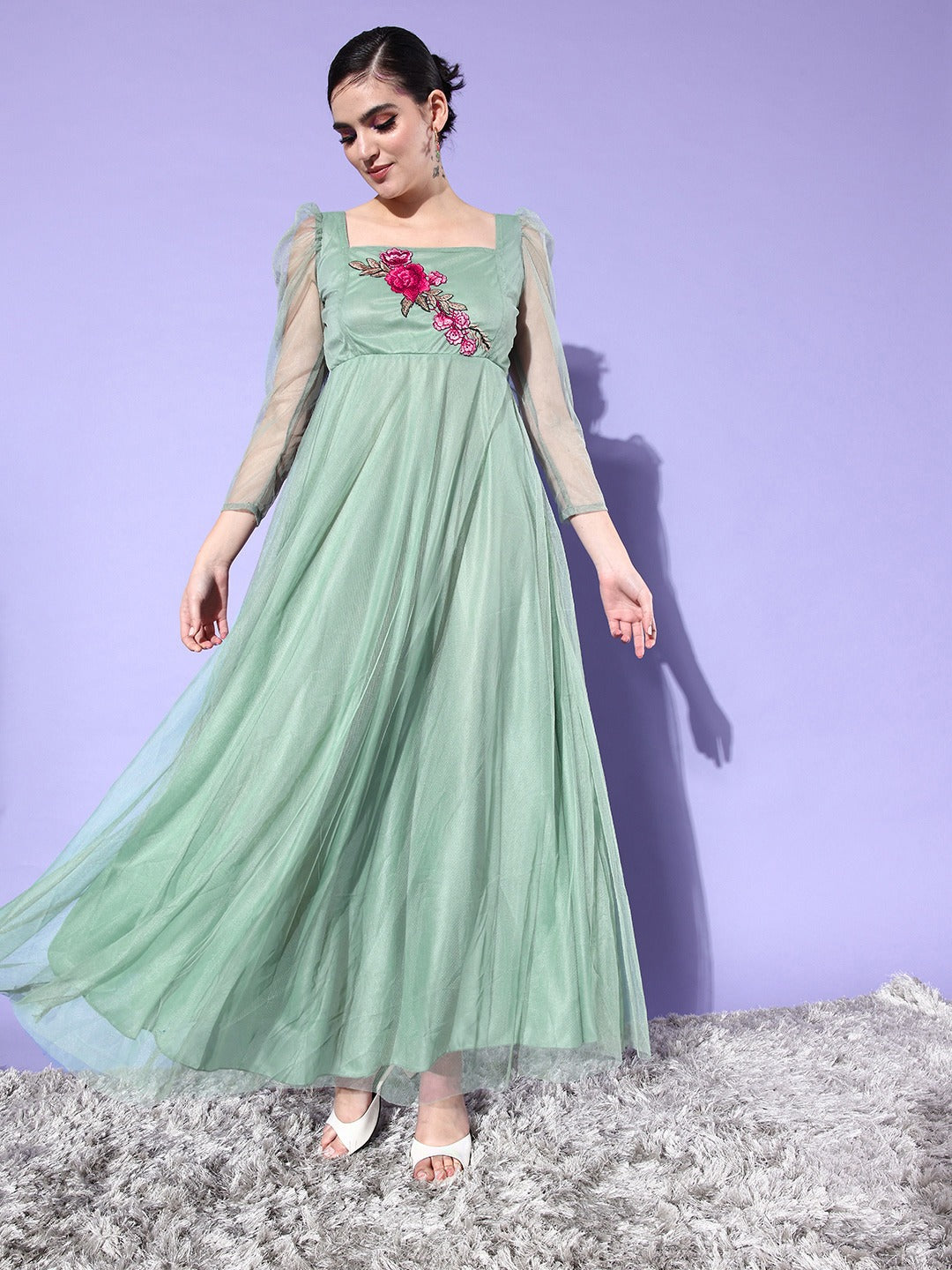 Women Green Solid Net Maxi Dress