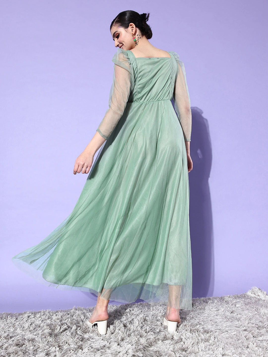 Women Green Solid Net Maxi Dress