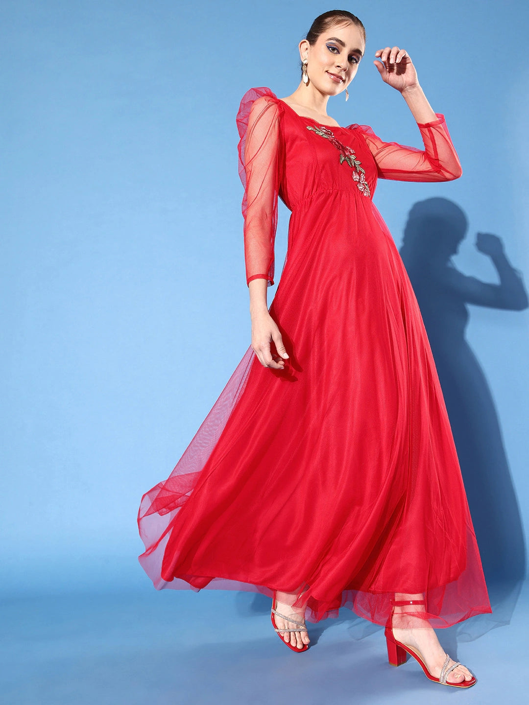 Women Red Floral Embroidered Net Maxi Dress
