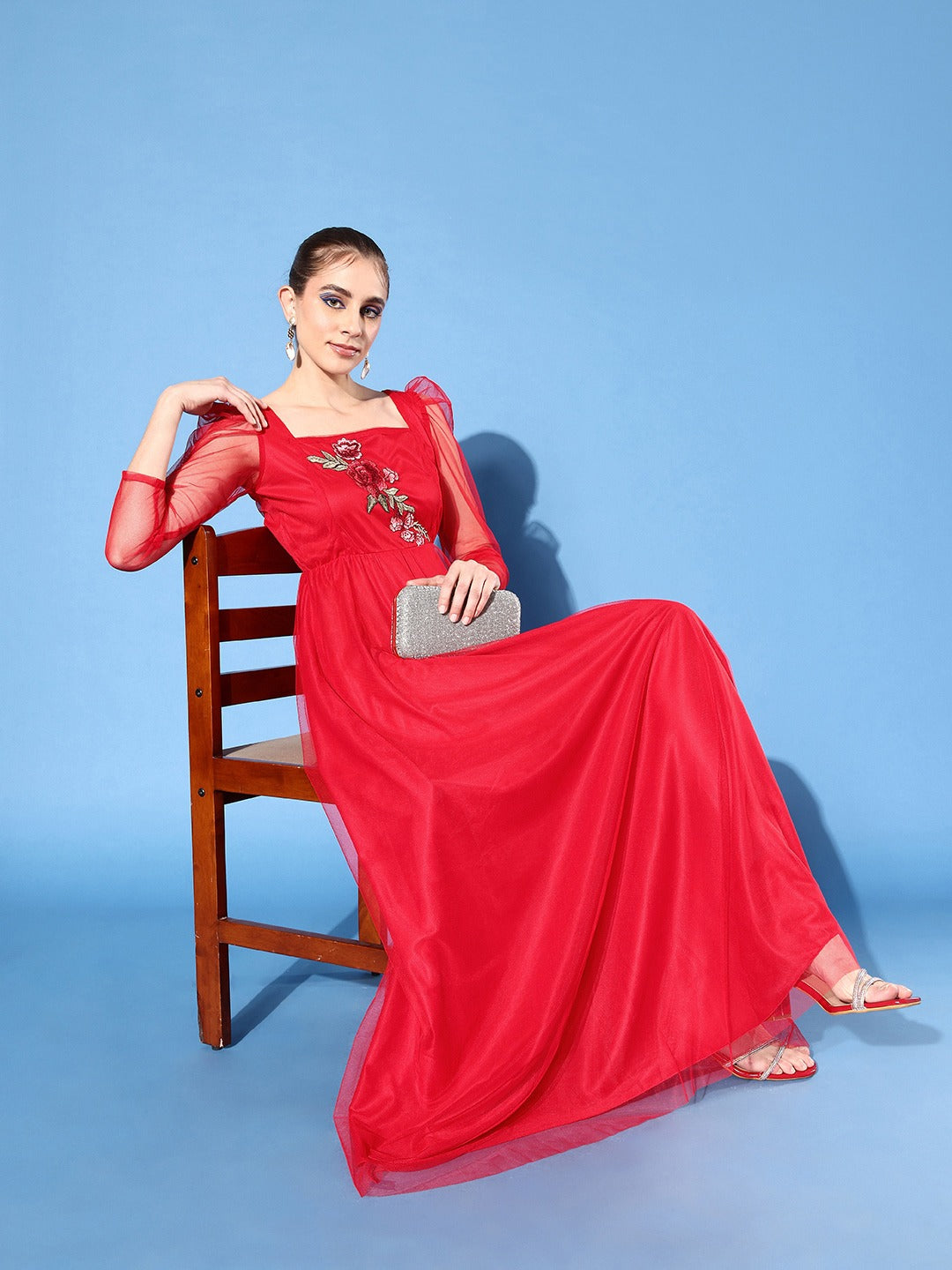 Women Red Floral Embroidered Net Maxi Dress
