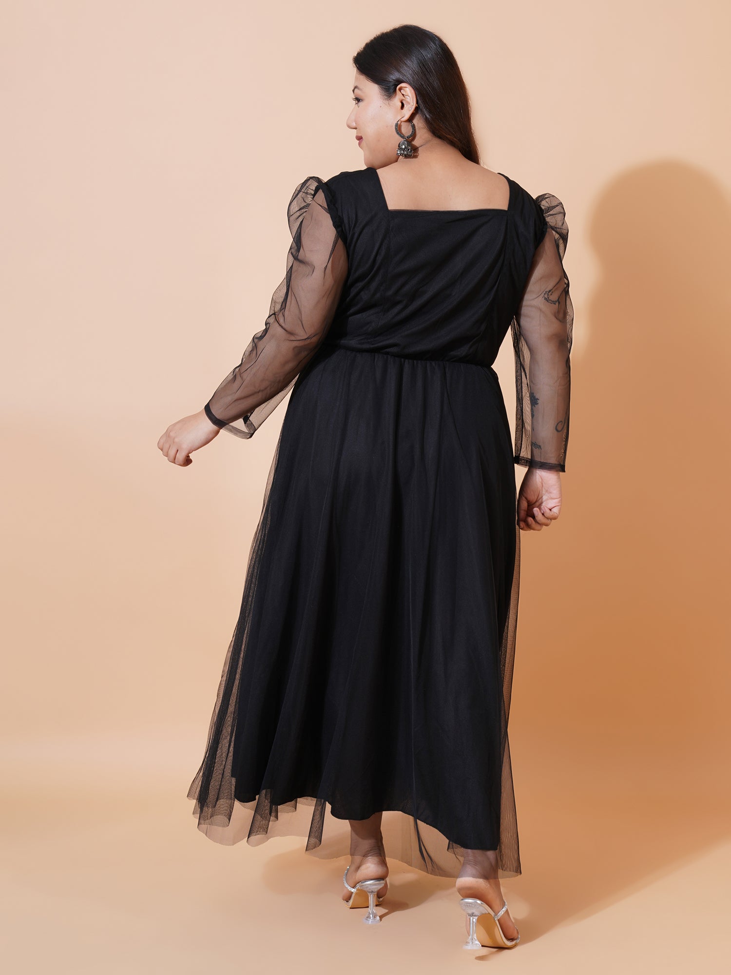 Women Plus Size Floral Embroidered Puff Sleeve Maxi Dress