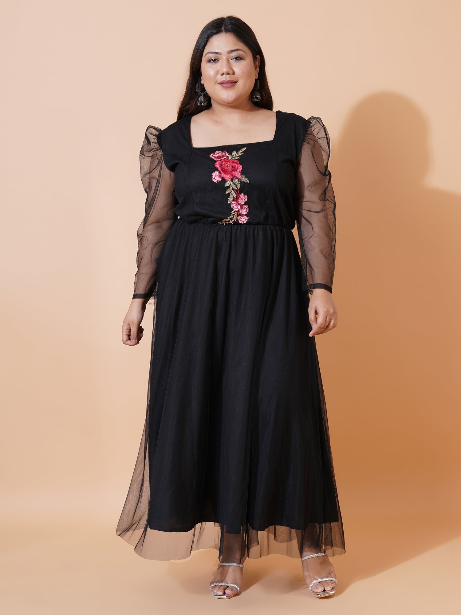 Women Plus Size Floral Embroidered Puff Sleeve Maxi Dress