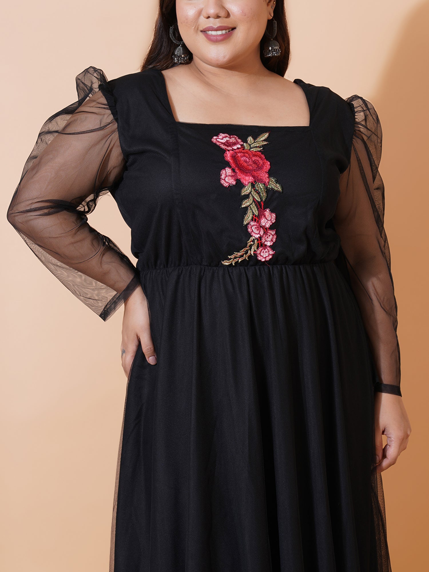 Women Plus Size Floral Embroidered Puff Sleeve Maxi Dress