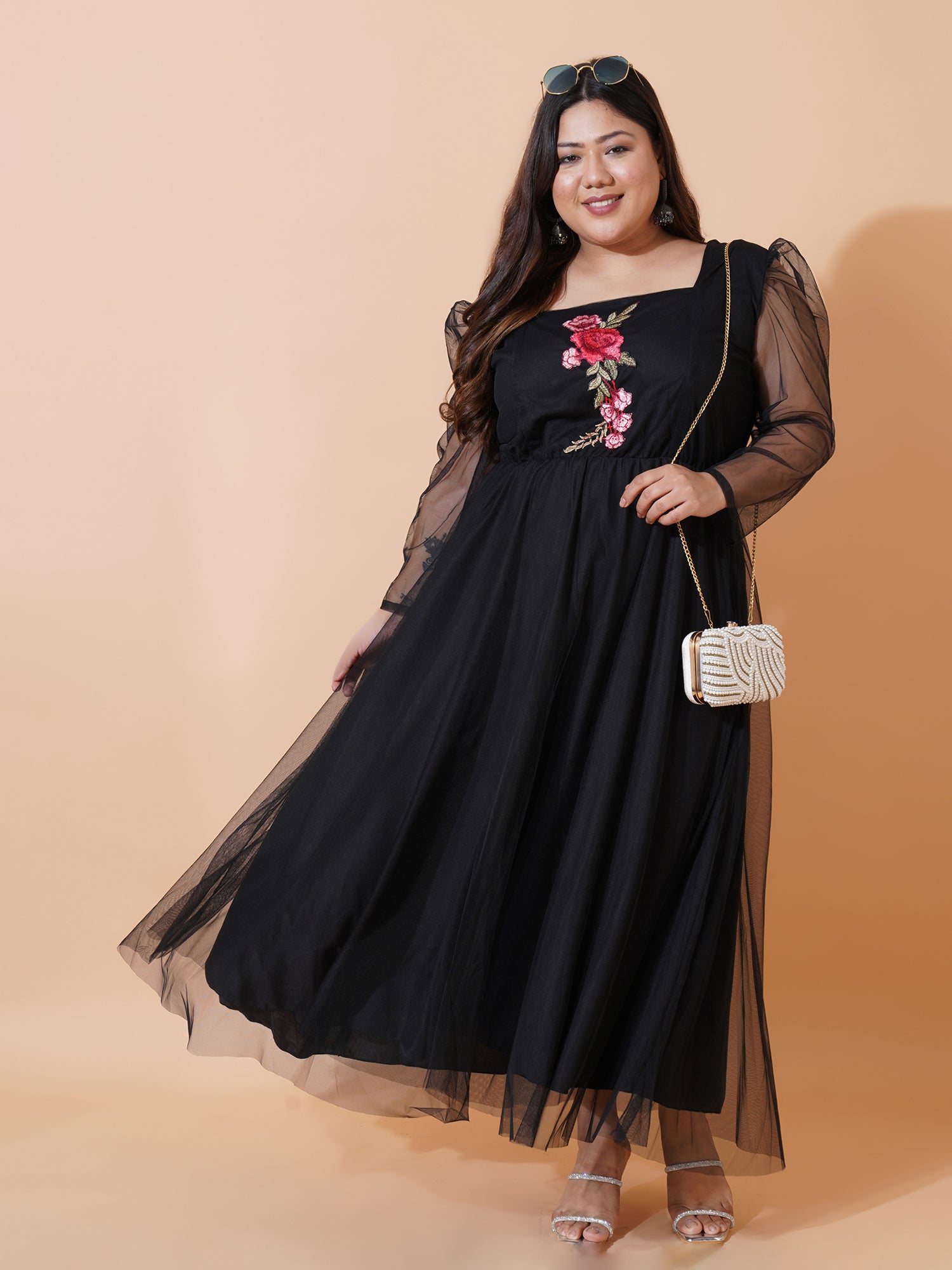 Women Plus Size Floral Embroidered Puff Sleeve Maxi Dress