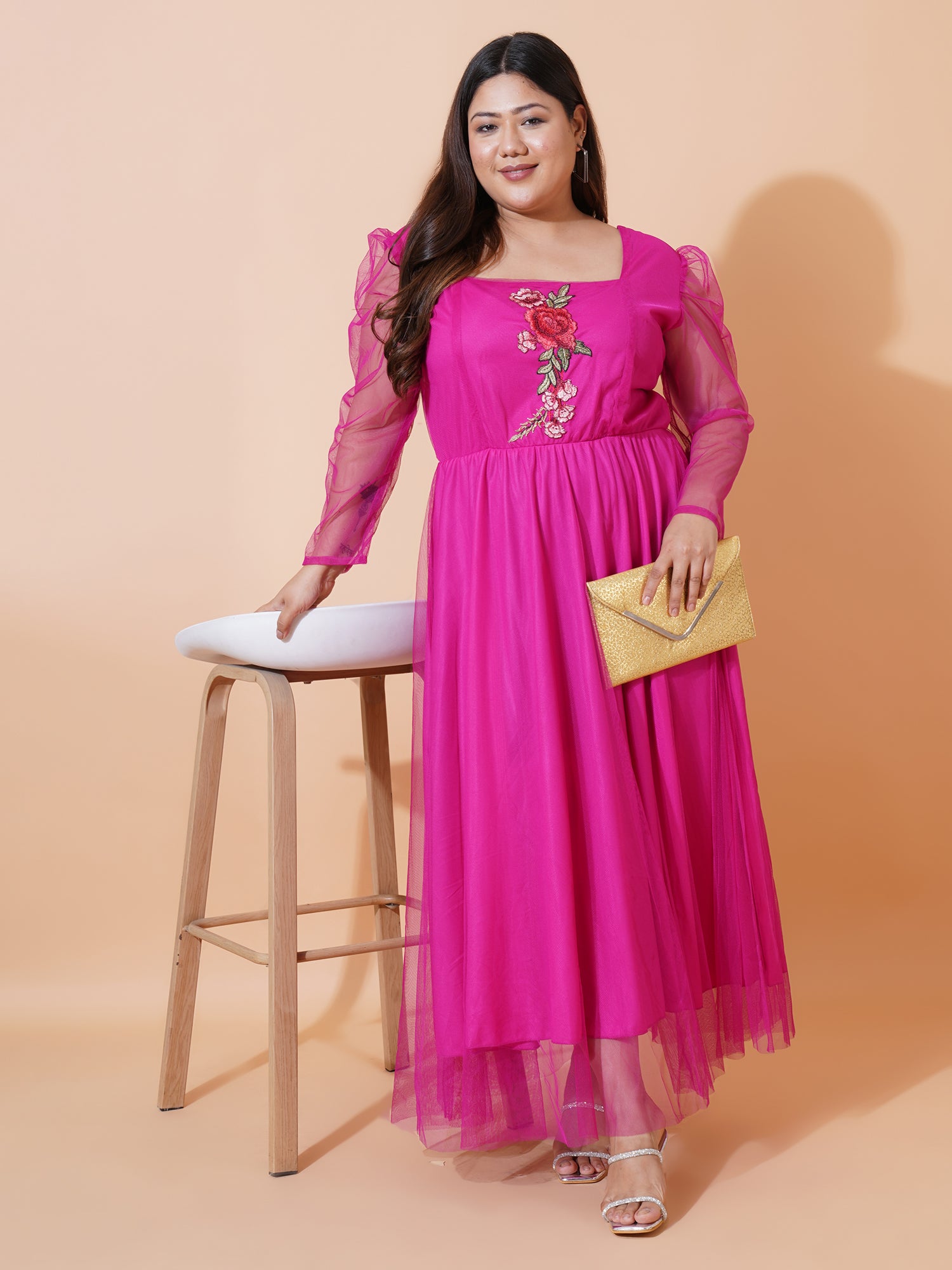 Women Plus Size Embroidered Net Maxi Dress