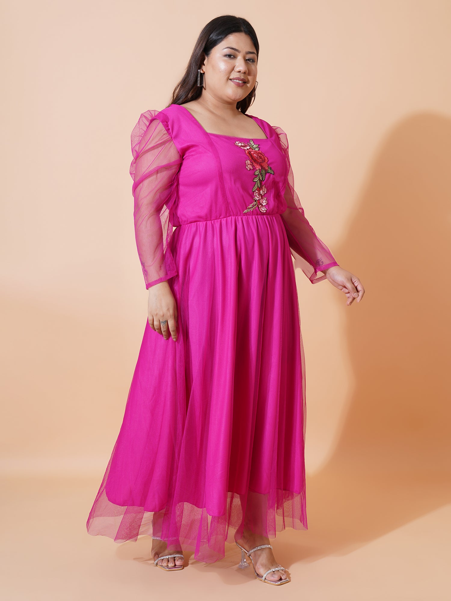 Women Plus Size Embroidered Net Maxi Dress