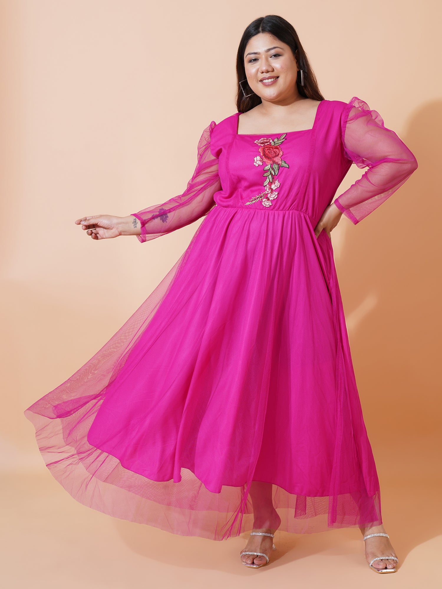 Women Plus Size Embroidered Net Maxi Dress