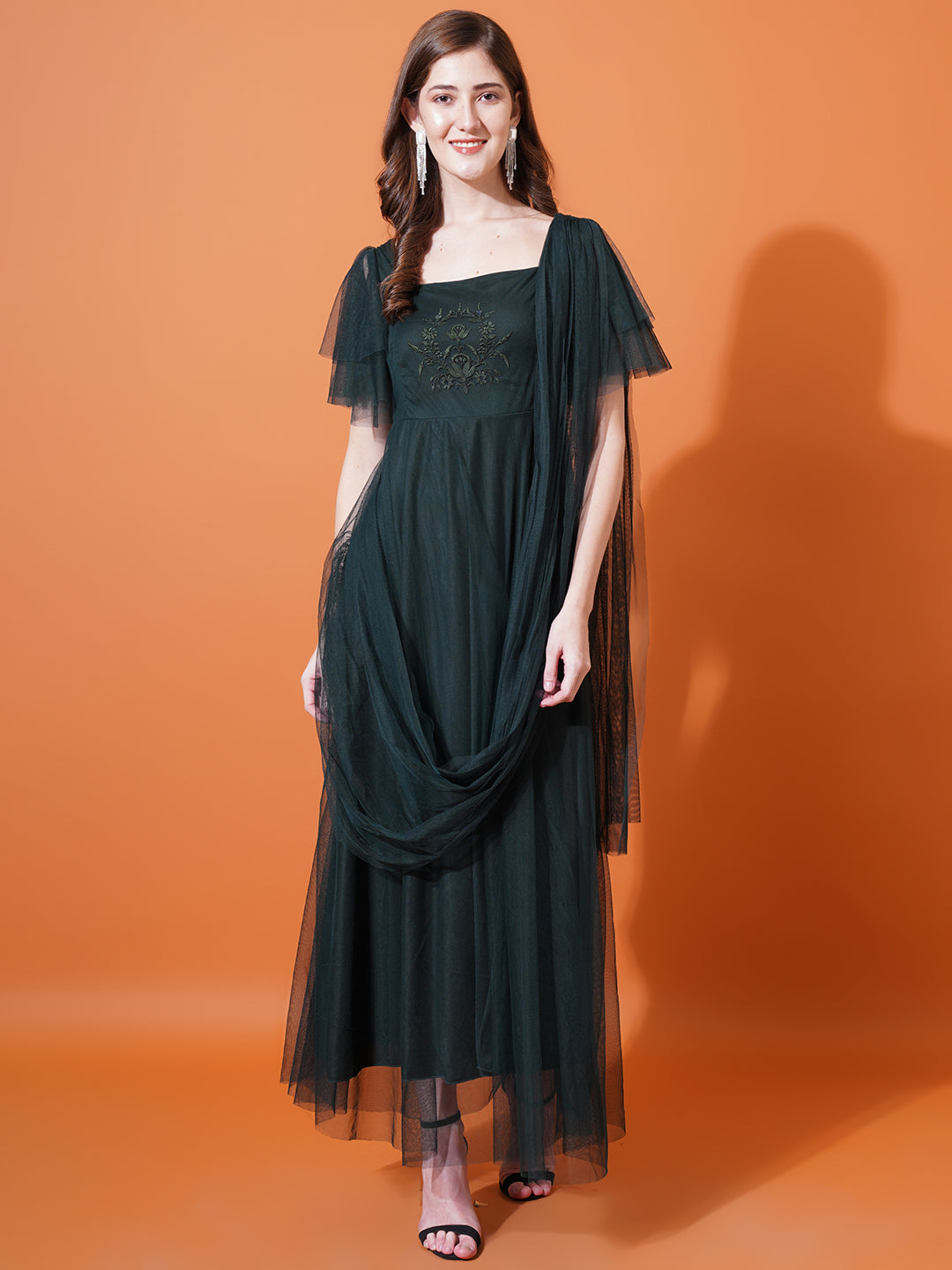 Women Green Square Neck Flared Sleeves Embroidered Net Maxi Fit & Flare Dress