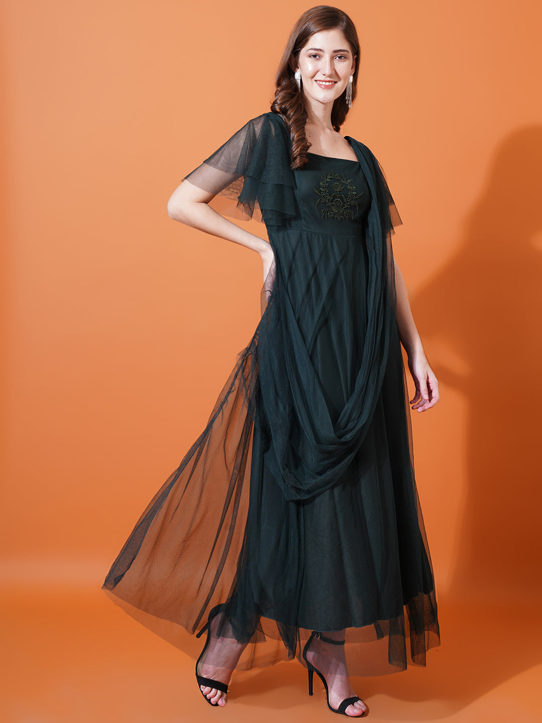 Women Green Square Neck Flared Sleeves Embroidered Net Maxi Fit & Flare Dress